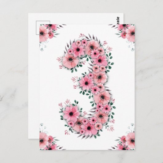 ガールビッグ3歳の誕生日ピンクの花緑の葉 ポストカード (正面/裏面)