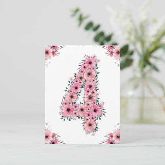 ガールビッグ4歳の誕生日ピンクの花緑の葉 ポストカード (スタンド正面)