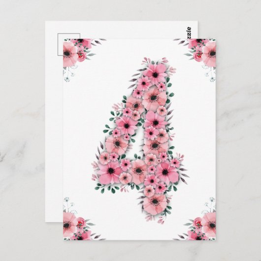 ガールビッグ4歳の誕生日ピンクの花緑の葉 ポストカード (正面/裏面)