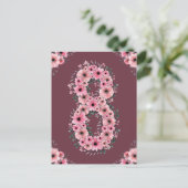 ガールビッグ8誕生日ピンク花緑の葉 ポストカード (スタンド正面)