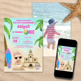 ガールビーチベイビーサーフボード1歳誕生日フォト 招待状