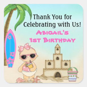 ガールビーチベビーサンドキャッスルサーフボード1st誕生日 スクエアシール