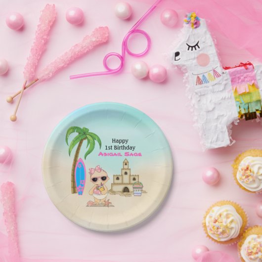 ガールビーチベビーサンドキャッスルサーフボード1st誕生日 ペーパープレート (パーティー)