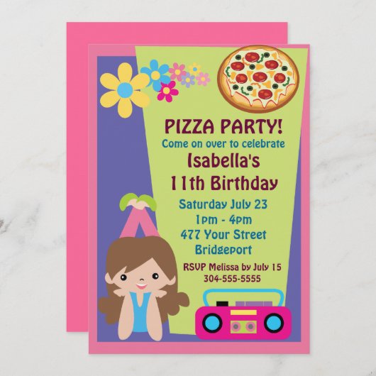 ガールピザパーティー誕生日 招待状 (正面/裏面)