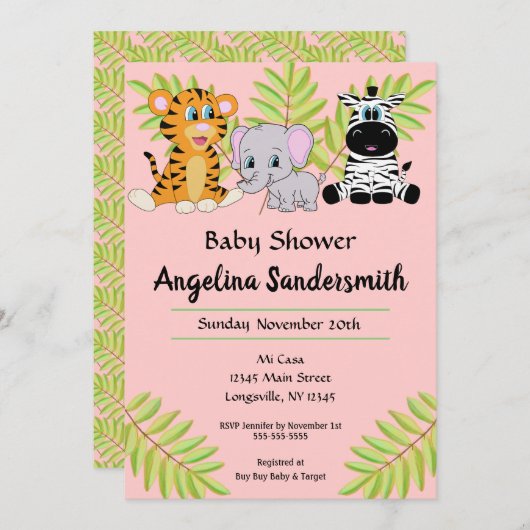 ガールピンクかわいい動物サファリジャングル赤ちゃんシャワー 招待状 (正面/裏面)