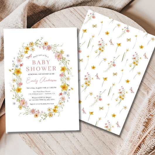 ガールピンクかわいい蝶のワイルドフラワーベビーシャワー 招待状
