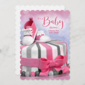 ガールピンクと紫のベビーシューズ赤ちゃんシャワー 招待状 (正面/裏面)