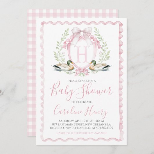 ガールピンクのアヒル赤ちゃんシャワージンガムピンク 招待状 (正面/裏面)
