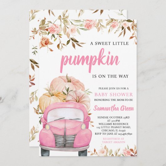 ガールピンクのカボチャのトラックの赤ちゃんシャワー 招待状 (正面/裏面)