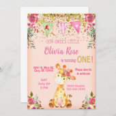 ガールピンクのキリン1歳の誕生日の招待状。 招待状 (正面/裏面)