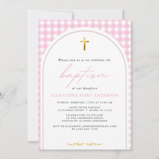ガールピンクのギンガモダンムミニマルバプテスマ 招待状 (正面)