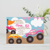 ガールピンクのモンスタートラックの誕生日の招待状。 招待状 (スタンド正面)