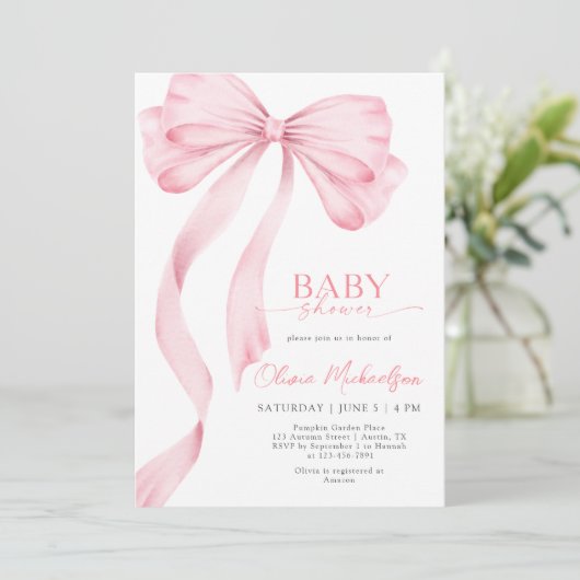 ガールピンクのリボン弓コケットエレガントベビシャワー 招待状 (スタンド正面)