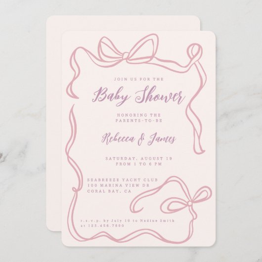 ガールピンクの弓ファンキー手引き赤ちゃんシャワー 招待状 (正面/裏面)