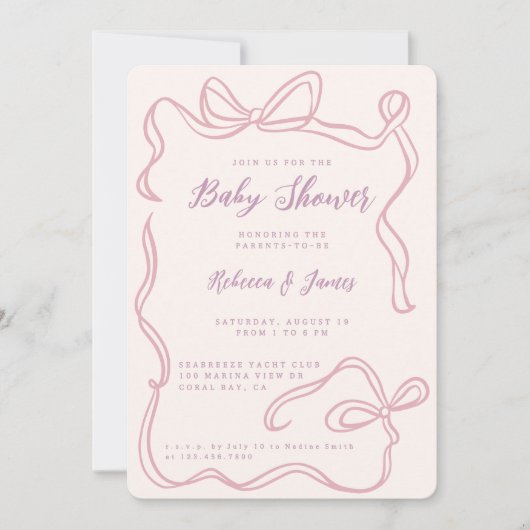 ガールピンクの弓ファンキー手引き赤ちゃんシャワー 招待状 (正面)
