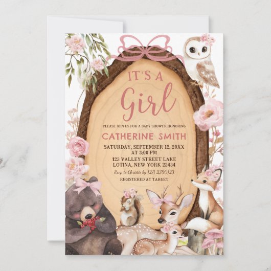 ガールピンクの森の森の森の動物の赤ちゃんシャワーの招待客 招待状 (正面)