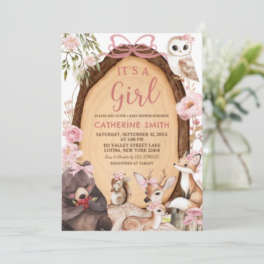 ガールピンクの森の森の森の動物の赤ちゃんシャワーの招待客 招待状 (スタンド正面)