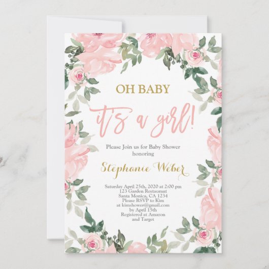 ガールピンクの水彩植物赤ちゃんシャワーガール 招待状 (正面)