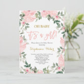ガールピンクの水彩植物赤ちゃんシャワーガール 招待状 (スタンド正面)