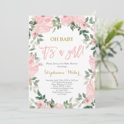 ガールピンクの水彩植物赤ちゃんシャワーガール 招待状 (スタンド正面)