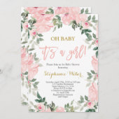 ガールピンクの水彩植物赤ちゃんシャワーガール 招待状 (正面/裏面)