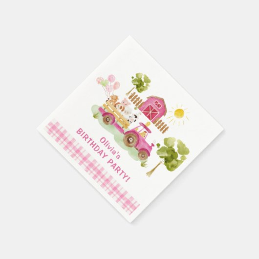 ガールピンクの納屋周囲の庭おもしろいファーム動物の誕生日 スタンダードカクテルナプキン (角)