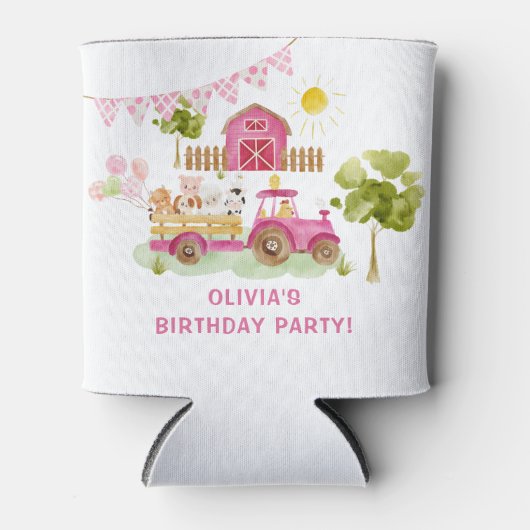 ガールピンクの農園動物の誕生日 缶クーラー (正面)