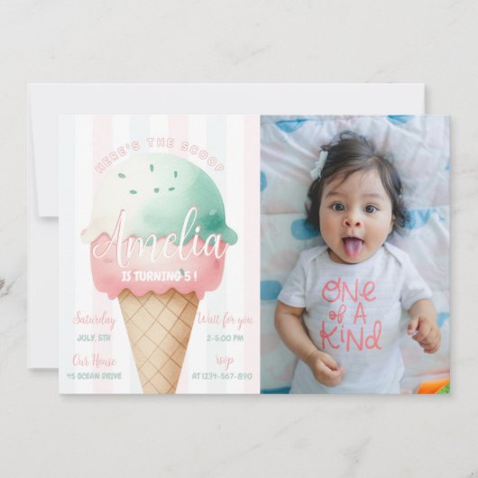 ガールピンクアイスクリーム誕生日写真 招待状 (正面)