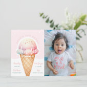 ガールピンクアイスクリーム誕生日写真 招待状 (スタンド正面)