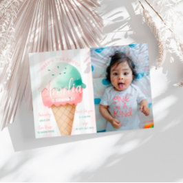 ガールピンクアイスクリーム誕生日写真 招待状