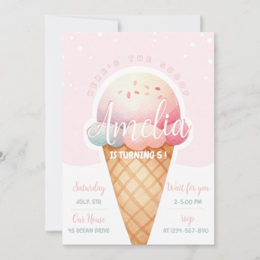 ガールピンクアイスクリーム誕生日 招待状 (正面)