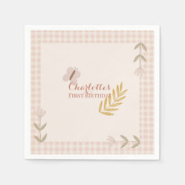 ガールピンクギンガムワイルドフラワーバタフライ スタンダードカクテルナプキン