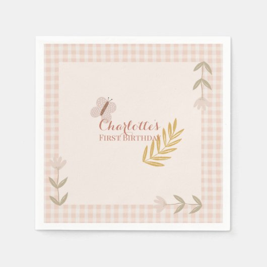 ガールピンクギンガムワイルドフラワーバタフライ スタンダードカクテルナプキン (正面)