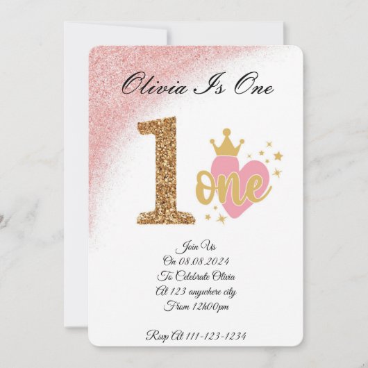 ガールピンクグリッタープリンセスバースデー 招待状 (正面)