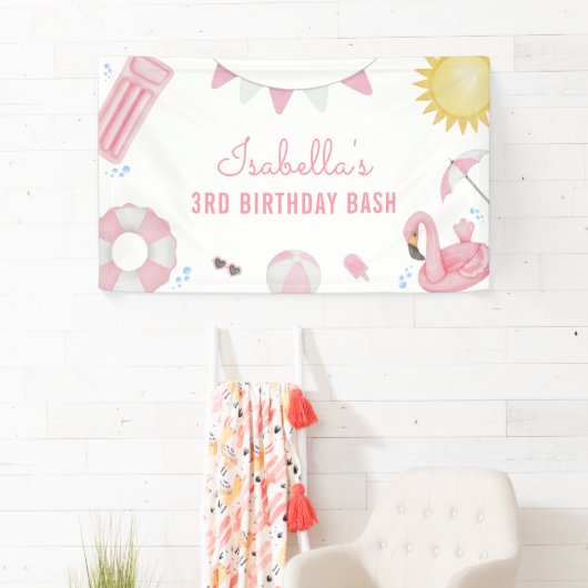ガールピンクサマープールパーティー誕生日バナー 横断幕 (インサイチュ)