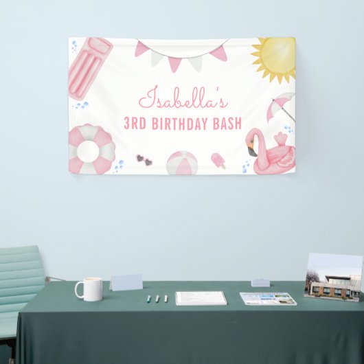ガールピンクサマープールパーティー誕生日バナー 横断幕 (トレードショー)