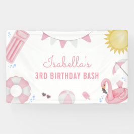 ガールピンクサマープールパーティー誕生日バナー 横断幕