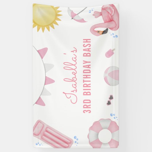 ガールピンクサマープールパーティー誕生日バナー 横断幕 (縦)