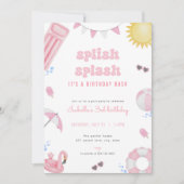 ガールピンクサマープールパーティー誕生日招待状 招待状 (正面)