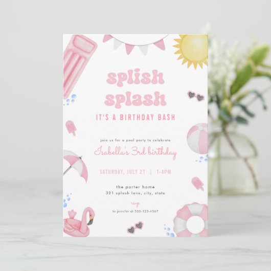 ガールピンクサマープールパーティー誕生日招待状 招待状 (スタンド正面)