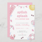 ガールピンクサマープールパーティー誕生日招待状 招待状 (正面/裏面)