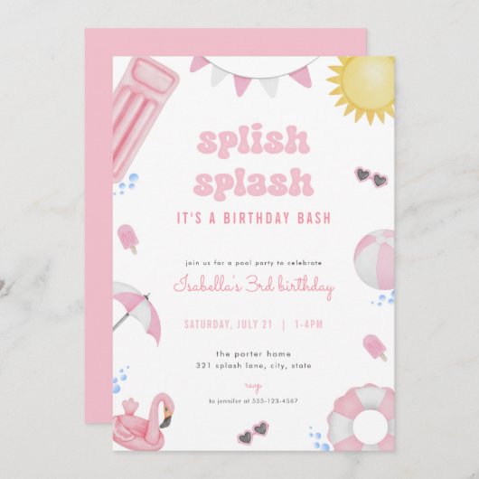 ガールピンクサマープールパーティー誕生日招待状 招待状 (正面/裏面)