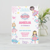 ガールピンクスーパーヒーロー誕生日招待状 招待状 (スタンド正面)