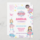 ガールピンクスーパーヒーロー誕生日招待状 招待状 (正面/裏面)