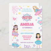 ガールピンクスーパーヒーロー誕生日招待状 招待状 (正面/裏面)