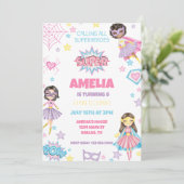 ガールピンクスーパーヒーロー誕生日招待状 招待状 (スタンド正面)