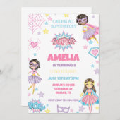 ガールピンクスーパーヒーロー誕生日招待状 招待状 (正面/裏面)