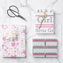 ガールピンクハートベビー名3 ラッピングペーパーシート
