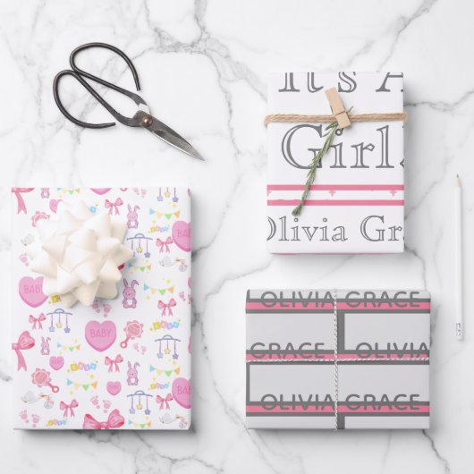 ガールピンクハートベビー名3 ラッピングペーパーシート (正面)