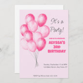 ガールピンクバルーン誕生日招待状 招待状 (正面/裏面)
